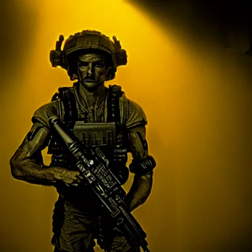 Image similar to soldier is made of rocks, still from the movie aliens, fog, dramatic lighting