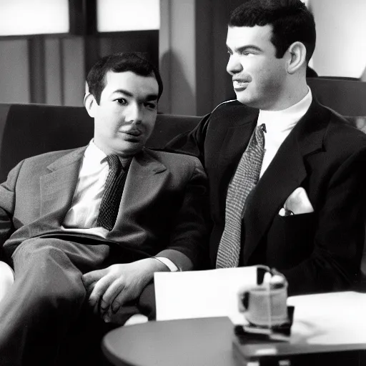 Prompt: Nathan Fielder interviewing Richard Cheney, black and white photograph, 1948,