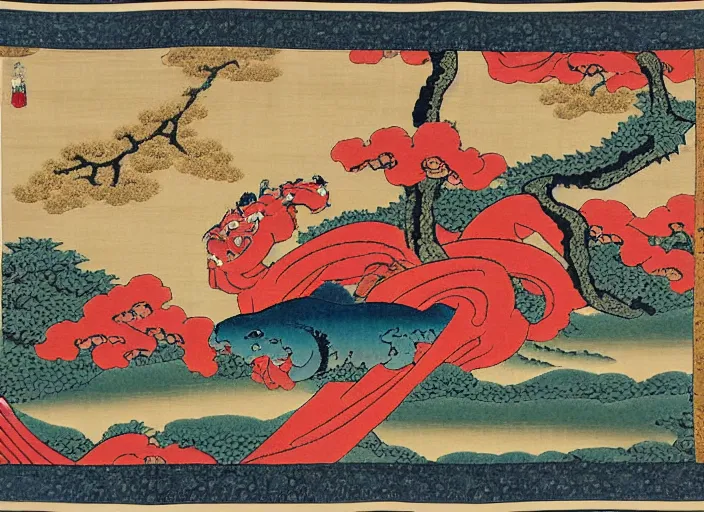 Prompt: Ukiyo-e style tapestry, Japanese, Persian carpet