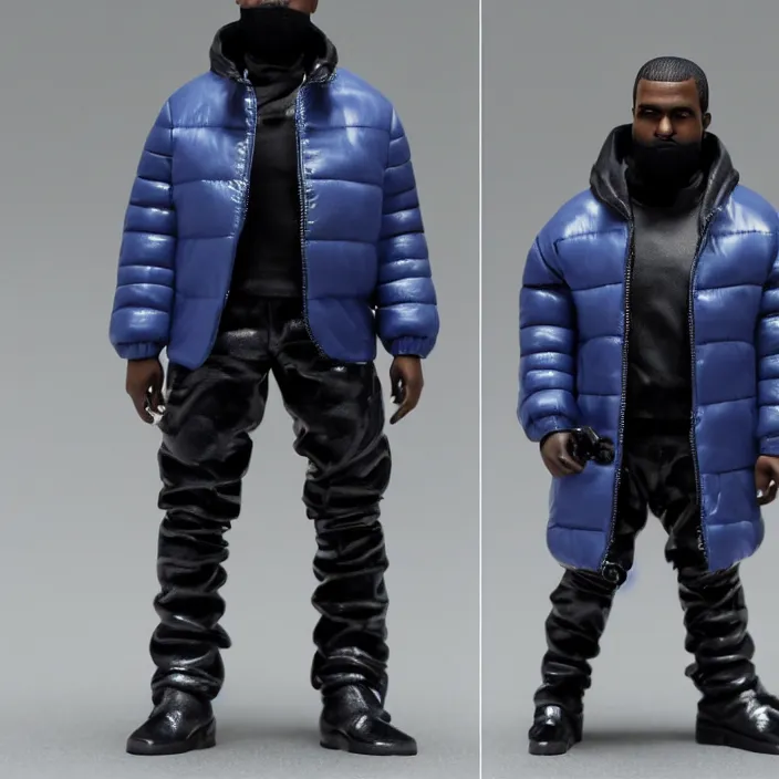 Prompt: a goodsmile figure of kanye west using a full face covering black mask, a small, tight, undersized reflective bright blue round puffer jacket made of nylon, dark jeans pants and big black balenciaga rubber boots, figurine, detailed product photo