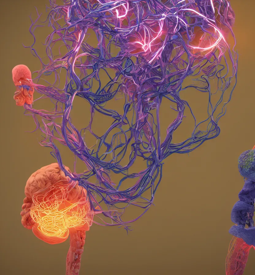 Prompt: 3 d model of anatomically correct human brain, tendrils of colorful light, unreal engine, artstation, photorealistic, octane render, scifi