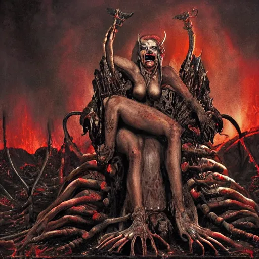 Prompt: the succubus sitting on her throne of bones and twisted souls grinning maniacally at her tortured subjects in hell, Dante's inferno.