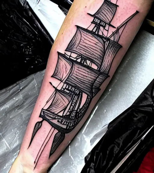 Image similar to A realistic tattoo design of a magical pirate ship on white paper, realism tattoo design, highly detailed tattoo, shaded tattoo, hyper realistic tattoo