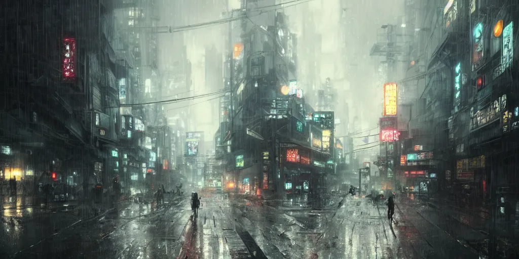 Image similar to Scene of a dark and gritty japanese cyberpunk city in the rain during midnight, heavy contrast, 4k, cozy wallpaper, trending on Artstation, award-winning, art by Greg Rutkowski