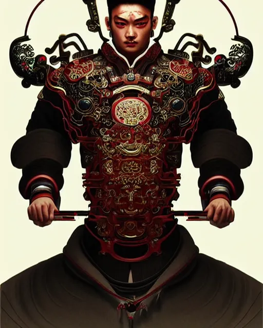 Image similar to portrait of a chinese masculine male cyberpunk machine, machine face, upper half portrait, decorated with chinese opera motifs, muscular, asian, fine china, wuxia, traditional chinese art intricate intense elegant 京 剧 highly detailed symmetry headpiece digital painting artstation concept art smooth sharp focus illustration, art by artgerm and greg rutkowski alphonse mucha 8 k