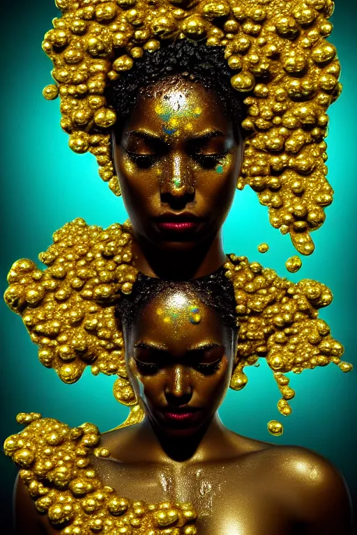 Image similar to hyperrealistic post - dada cinematic very expressive! profile black oshun goddess, head emerging from water!!, mirror dripping droplet!, gold flowers, highly detailed face, digital art masterpiece, smooth eric zener cam de leon, dynamic pearlescent teal light, low angle uhd 8 k, sharp focus