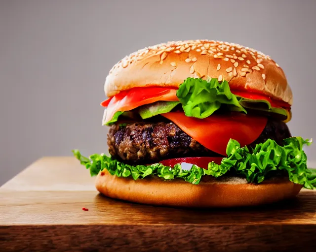 Prompt: dslr food photograph of burger with a raw meat patty in it, 8 5 mm f 1. 4