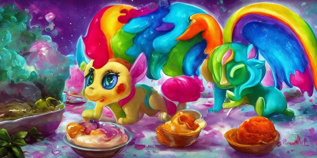Prompt: rainbow sorbet made in the shape of 3 d littlest pet shop manticore, realistic, melting, soft painting, desserts, ice cream, glitter, cake, forest, mountains, aurora, master painter and art style of noel coypel, art of emile eisman - semenowsky, art of edouard bisson