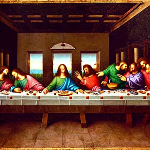 Image similar to last supper by leonardo da vinci bit with pizza