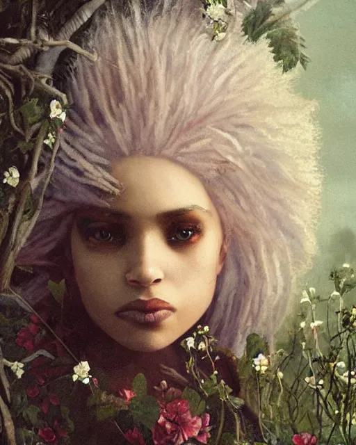 Image similar to a beautiful but creepy young black woman in layers of fear, with haunted eyes, violence in her eyes, crazy white hair, wearing a punk outfit, 1 9 7 0 s, seventies, delicate embellishments, a little blood, woodland, moonlight shining on wildflowers, painterly, offset printing technique, by alexandre cabanel