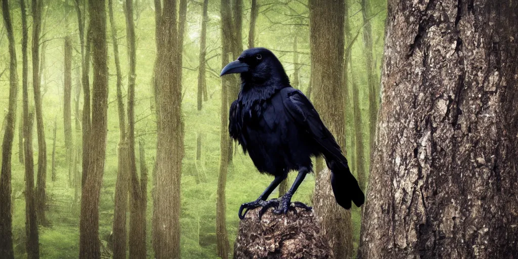 Image similar to mixture between a human and! crow, photograph captured in a forest