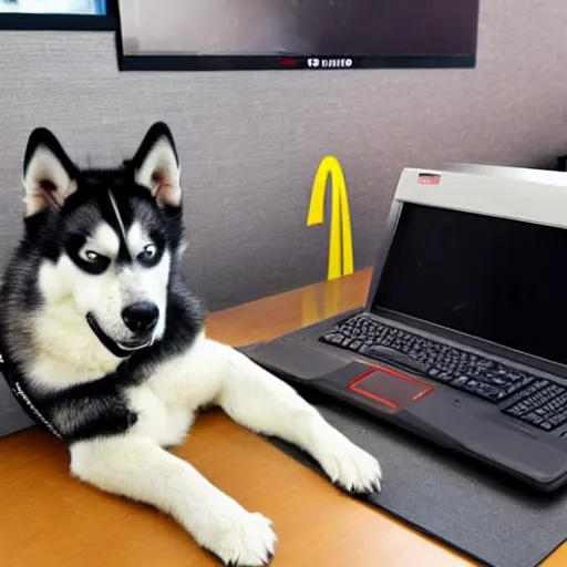 Prompt: a very big husky dog using his old lenovo desktop to search the internet for how to use Discord, there is a McDonalds across the street from the dog's house