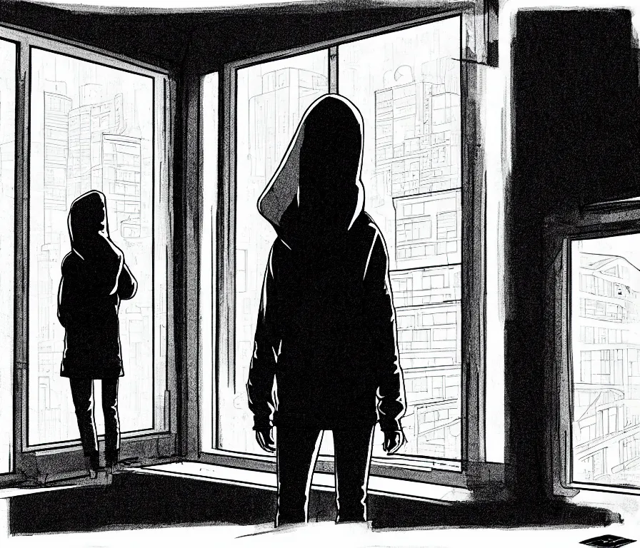 Image similar to sadie sink in hoodie sits, knees tucked in, on windowsill | rain falls at night : b & w storyboard drawing, scifi cyberpunk. by gabriel hardman, joe alves, chris bonura. cinematic atmosphere, detailed and intricate, perfect anatomy