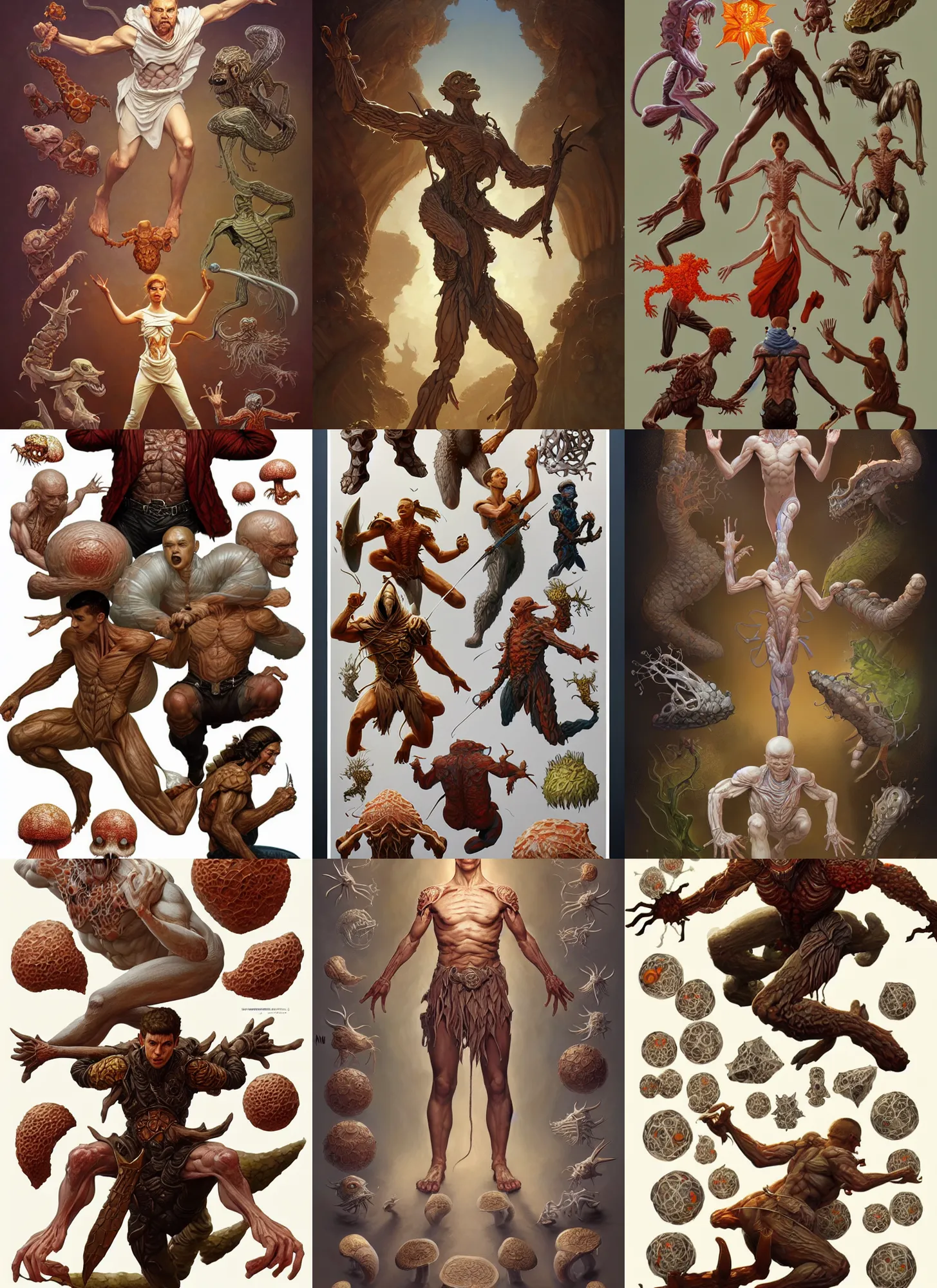 Image similar to full - body d & d mtg fungus anatomy on white background, action pose, intricate, highly detailed, digital painting, artstation, concept art, smooth, sharp focus, illustration, art by norman rockwell emiliano ponzi andrey remnev yoann lossel aaron jasinski, 8 k