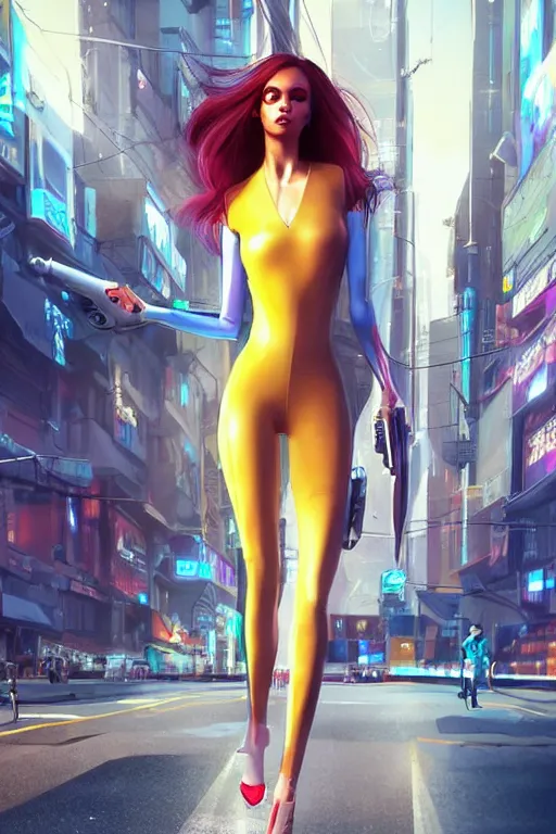 Prompt: full portrait of a beautiful female spy with thin lustrous vibrant electric Cyberpunk hair wearing a bodysuit walking in a city, reflections, focus, detailed, realistic eyes, symmetric body features proportions, intricate facial skin details, award winning, trending in cgsociety artstation deviant art, octane render, by boris Vallejo and Tom Bagshaw and Beeple