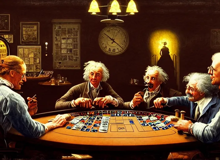 Prompt: isaac newton and stephen hawkins and albert einstein playing poker in an old west saloon, intricate, highly detailed, centered, digital painting, artstation, concept art, smooth, sharp focus, illustration, art by james gurney and norman rockwell and greg rutkowski