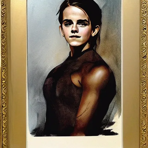 Prompt: portrait of emma watson, artwork by frazetta, frank,