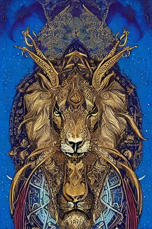 Prompt: beautiful fractal tarot card featuring an ornate, realistic, and regal viking lion by Dan Mumford, by Jim Fitzpatrick, by joe wilson, featured on deviant art, trending on artstation