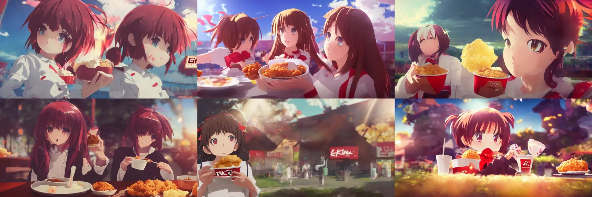 Prompt: kawaii girl eating KFC, behind is KFC heaven, epic cinematic still, dynamic perspective, anime style, beautiful volumetric light