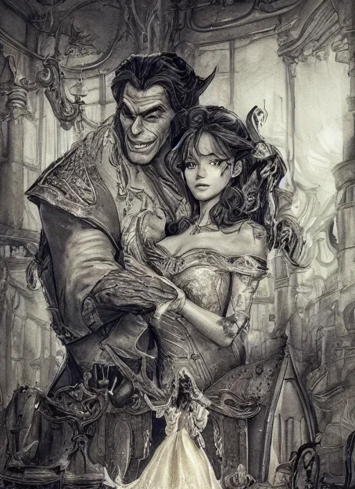 Image similar to portrait, Beauty and the beast furniture, at a garagesale, watercolor, dramatic lighting, cinematic, establishing shot, extremly high detail, foto realistic, cinematic lighting, pen and ink, intricate line drawings, by Yoshitaka Amano, Ruan Jia, Kentaro Miura, Artgerm, post processed, concept art, artstation, matte painting, style by eddie mendoza, raphael lacoste, alex ross