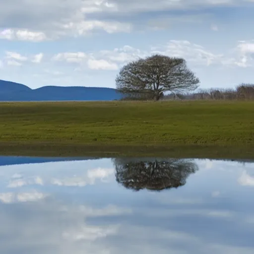 Prompt: a still plain which is a large mirror encompassing everything up to the horizon, with a blue sky above it and perfectly reflected within it, no greenery, no plants, no grass, no trees