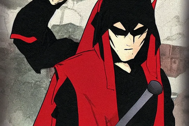 Image similar to a twin blade muscular swordsman, red and black cape and hoodie, scary, intimidating, worn out clothes, torn clothes, as a panel of a Marvel comic