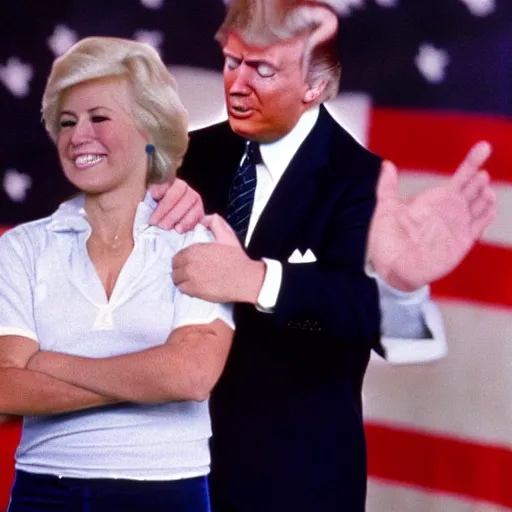 Prompt: joe biden and donald trump rollerskating together in the 1 9 7 0 s, movie still