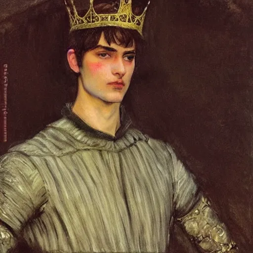 Image similar to painting of handsome beautiful medieval prince in his 2 0 s named shadow wearing a crown, elegant, clear, sharp focus, painting, stylized, art, art by john everett millais, john william waterhouse