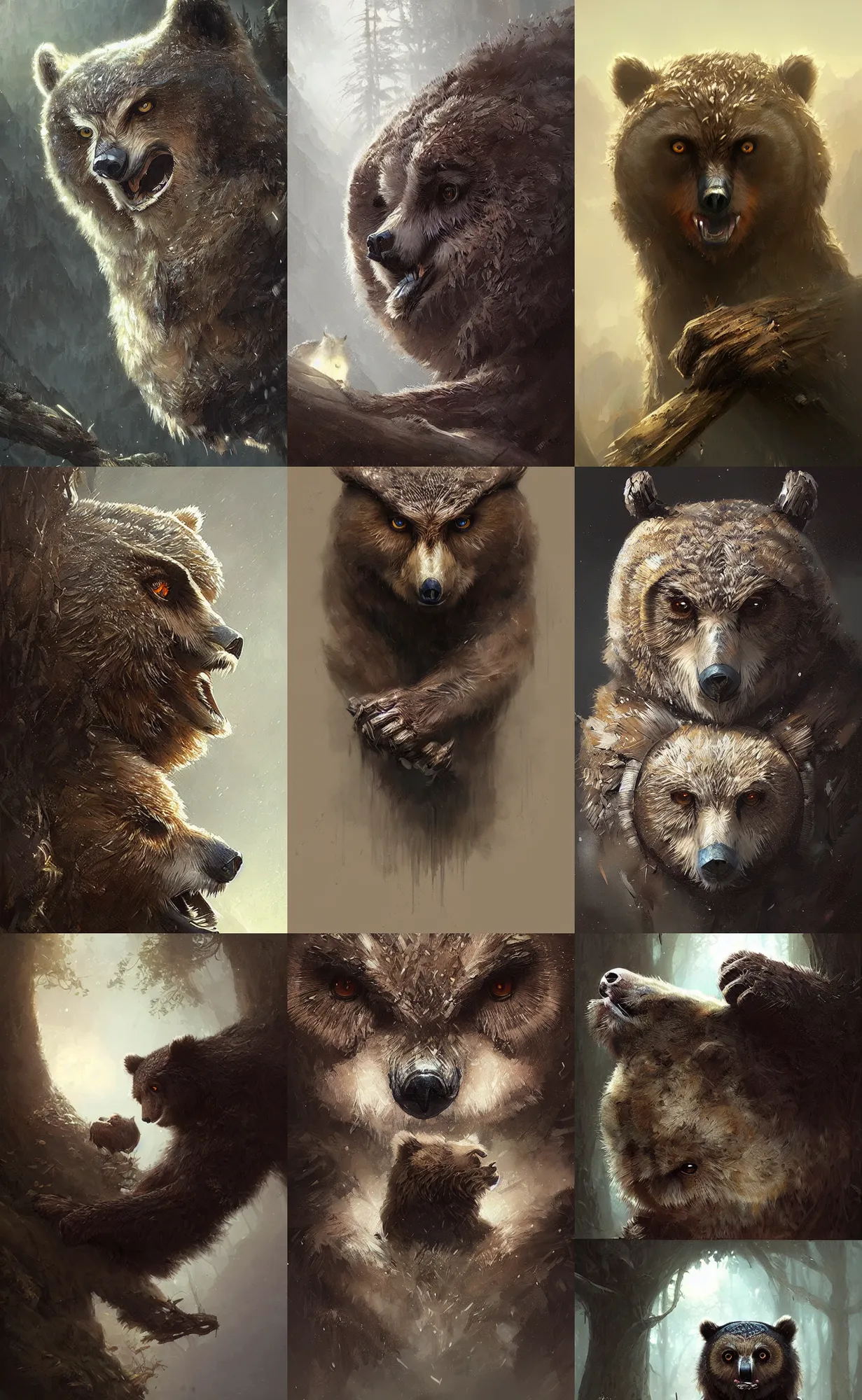 Prompt: bear owl, concept art, detailed face, fantasy, highly detailed, cinematic lighting, digital art painting by greg rutkowski