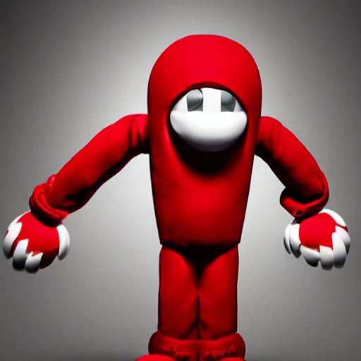 Image similar to eminem as the red m character standing on a floor coverd with m & m candies, round red m & m figure, m & m mascot, m & m figure, m & m plush, m & m candy dispenser, unreal engine, studio lighting, figurine, unreal engine, volumetric lighting, artstation, cosplay, by hans bellmer