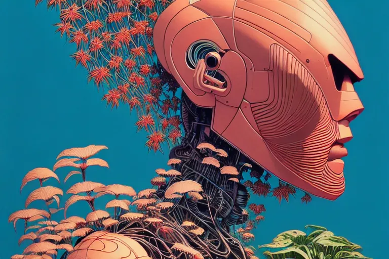 Image similar to gigantic robot head, a lot of exotic vegetation, trees, flowers by moebius, junji ito, tristan eaton, victo ngai, artgerm, rhads, ross draws, hyperrealism, intricate detailed, risograph