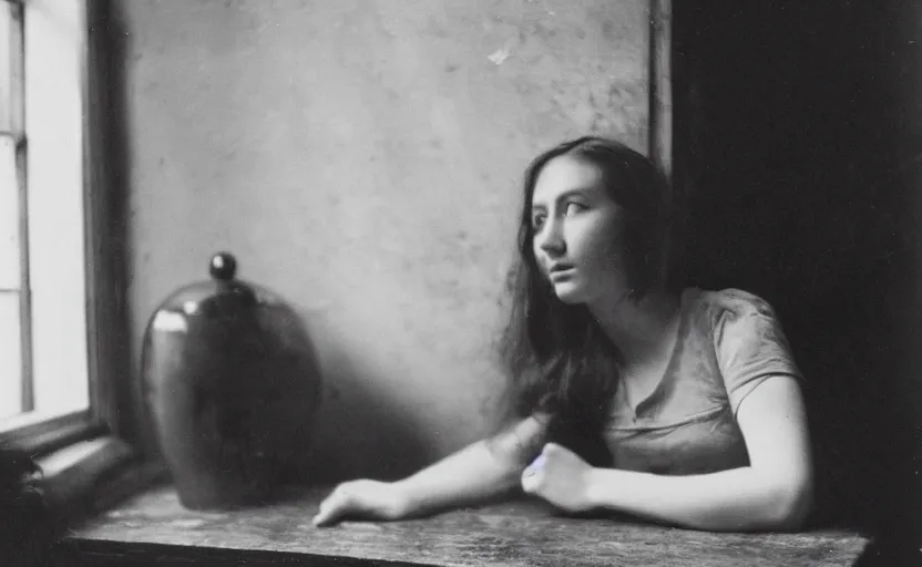 Image similar to a photo of young woman leaning on a table