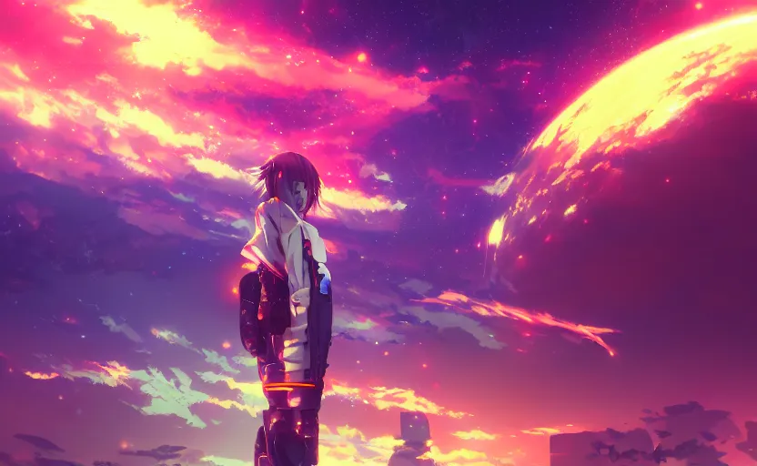 Image similar to anime scene background of futuristic solar-punk tokyo, anime painting, 3d render, hyper realistic, dramatic lighting, the sky is a nebula on fire, 8k hdr pixiv dslr photo by Makoto Shinkai ilya kuvshinov and Wojtek Fus, digital art, concept art,