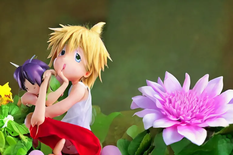 Prompt: (very small anime Tinkerbell) kissing a big flower, hyper realism, macro shot