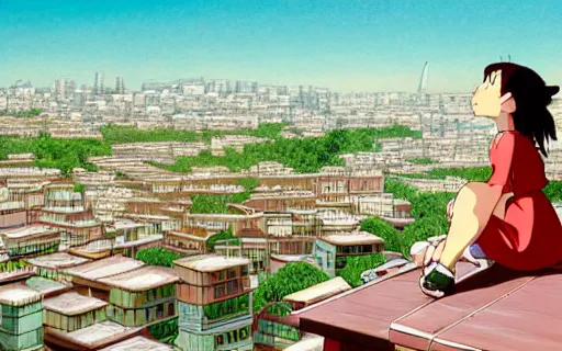 Prompt: a girl sitting on the roof of a building eating a sandwich, zoomed out, wide shot, far away, art by hayao miyazaki, studio ghibli film, hi res, 4k, high detail