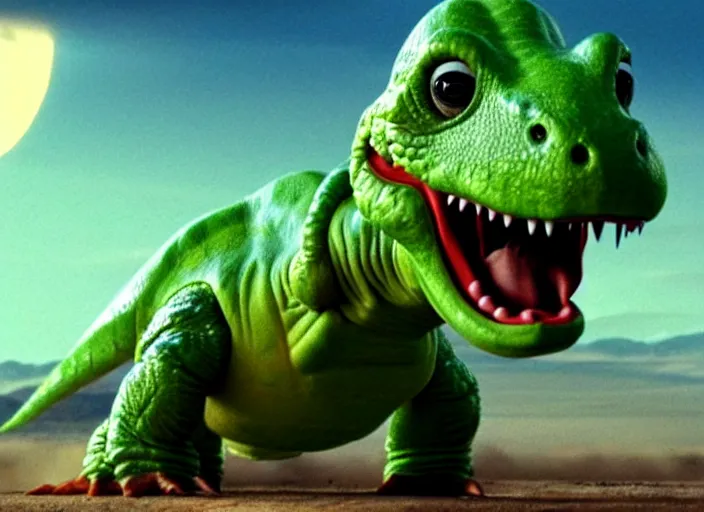 Image similar to film still of yoshi in the new sci - fi movie, upright dinosaur with a small turtle shell and long tongue, 8 k