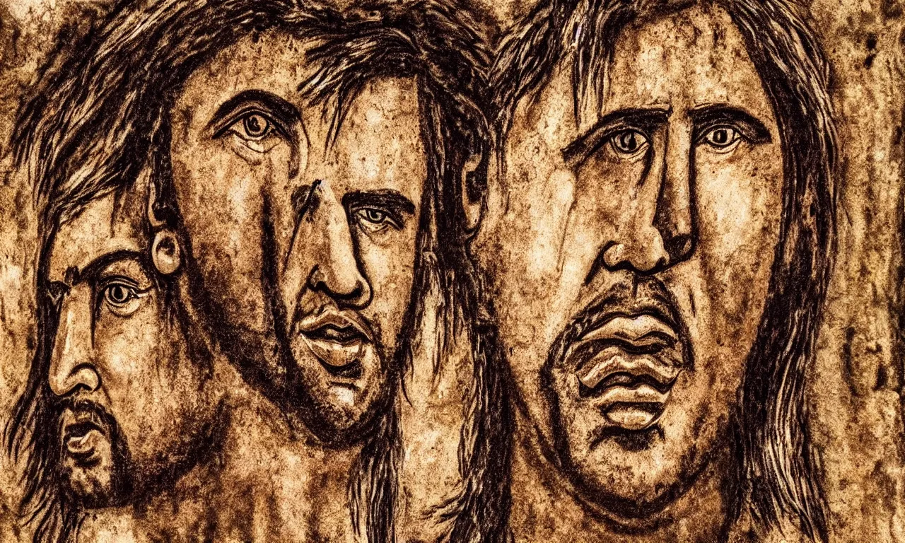 Prompt: ancient cave drawings discovered depicting nicolas cage. archaeological discovery, dslr photograph, high resolution, intricate details, photorealistic.