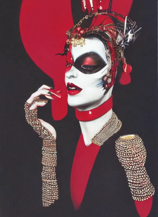 Image similar to an 8 0 s portrait of a woman with dark eye - shadow and red lips with dark slicked back hair, a mask of beads and diamonds hanging from a thin black crown, dreaming acid - fueled hallucinations by serge lutens, rolf armstrong, delphin enjolras, peter elson, red cloth background