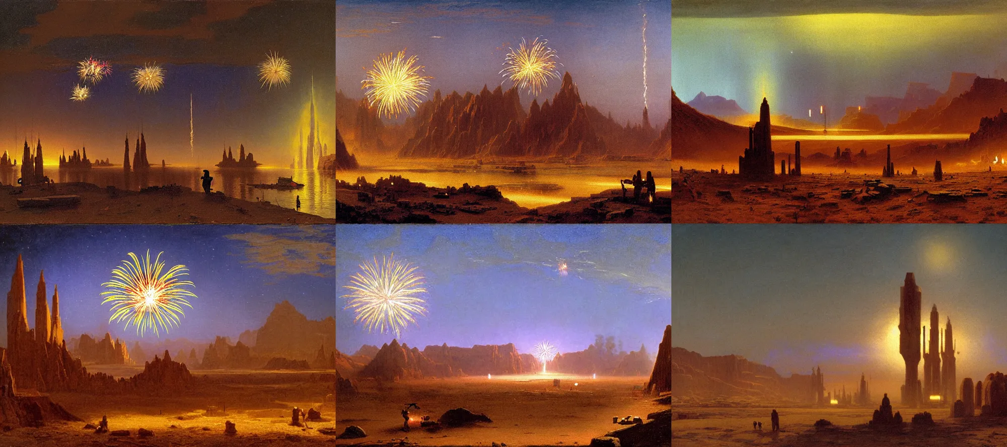Prompt: fireworks over mos eisley painting by albert bierstadt