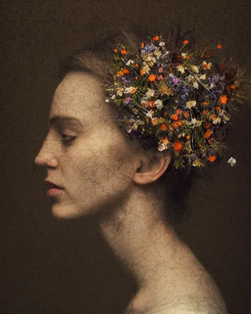 Image similar to a woman's face in profile, made of wildflowers, in the style of the dutch masters and gregory crewdson, dark and moody