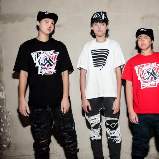 Image similar to teens wearing streetwear screenprinting shirts in their basement.