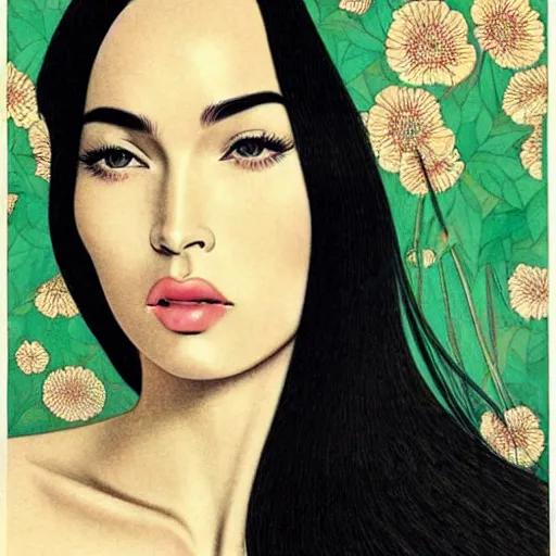 Prompt: “ megan fox portrait by ikenaga yasunari and ayana otake and ko rakusui, 6 0 s poster, drawing, realistic, sharp focus, japanese, dreamy, nostalgia, faded, golden hues, floral clothes, porcelain skin ”