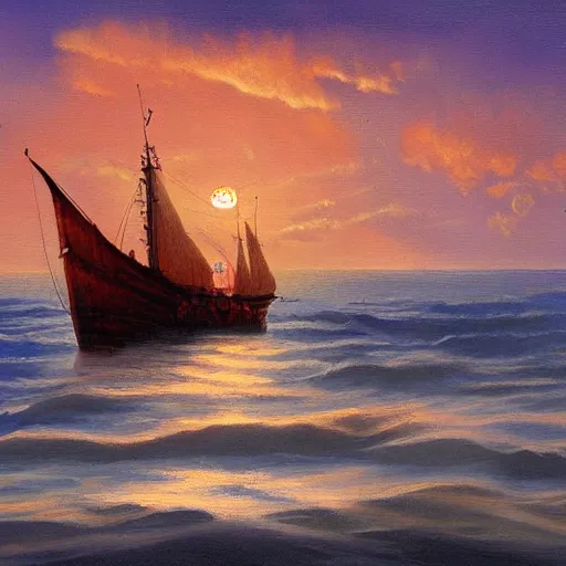 Prompt: medieval ship on the sea, sunset, painting style claude gellee