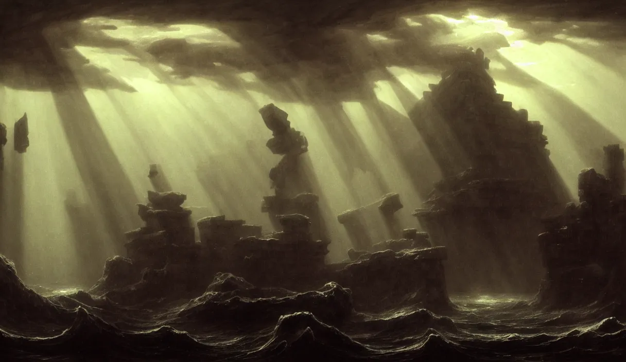 Image similar to low ultrawide shot, dark, underwater men statues, submerged pre - incan temple with carvings, abyss, stylized, anime style mixed with fujifilm, detailed gouache paintings, crepuscular rays, dark, murky, foggy, atmospheric, nicola samori, albert bierstadt, frederic edwin church, beksinski, wayne barlowe's inferno