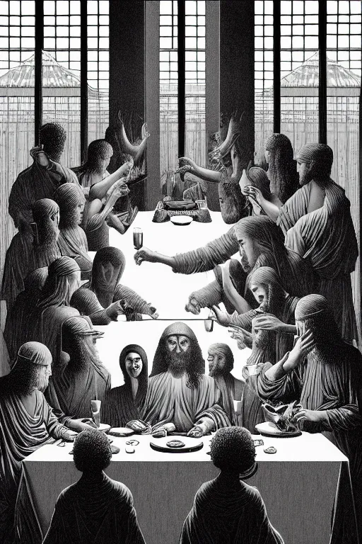 Prompt: colorful!!! the last supper by rene magritte, futuristic by laurie greasley and bouguereau, ( ( etching by gustave dore ) ), cyberpunk, ultraclear intricate, sharp focus, highly detailed digital painting illustration, concept art, masterpiece