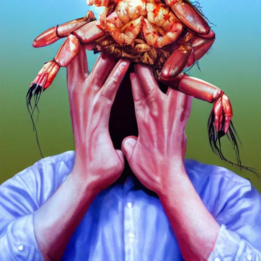 Image similar to Tom Hanks as forrest gump with giant shrimp heads as hands, digital art, photoreailstic, amazing detail