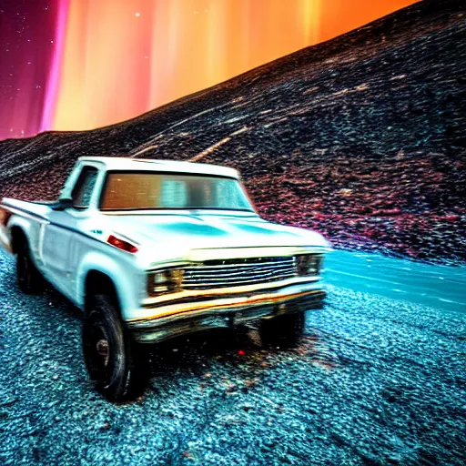 Prompt: a high quality filmic depth of field action horror motion blur movie style color film extreme closeup photograph of a white pickup truck crashing, glass shattering on a desolate road in 1982 antarctica with aurora borealis in the very dark nightime sky