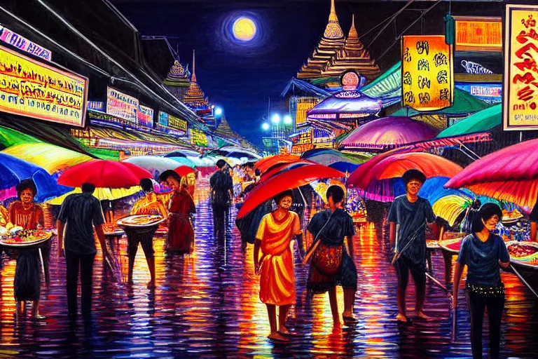 Image similar to detailed painting of Thai river night market, Bangkok, gothic style, deep strokes, high quality