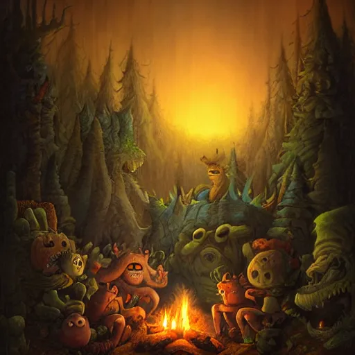 Prompt: monsters around a campfire by justin gerard, deviantart