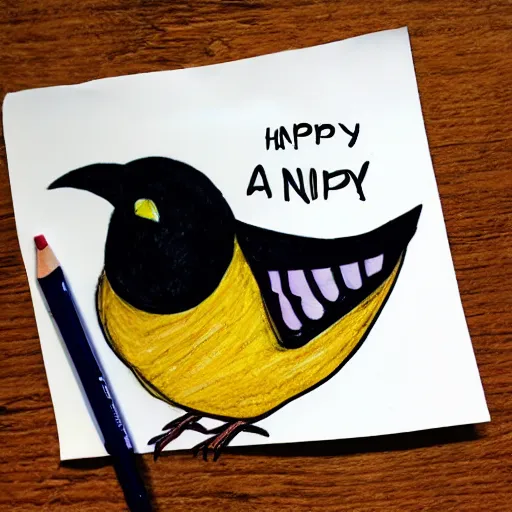 Prompt: a drawing of a happy bird with a text that says noah